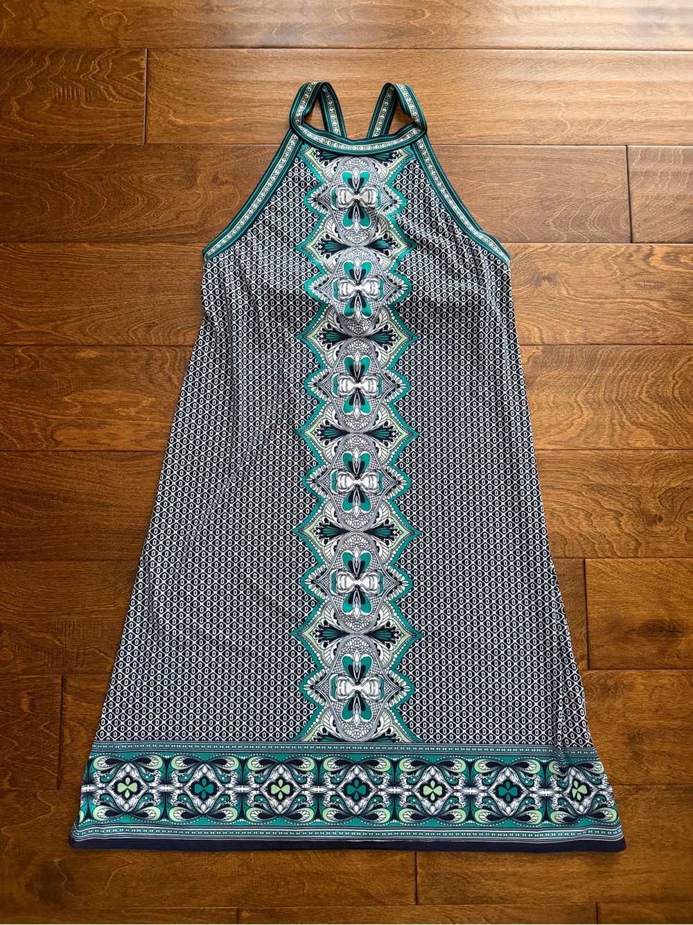 Max Studio Dress Small Shift Stretch Navy Green Paisley Geometric Sleeveless NWT